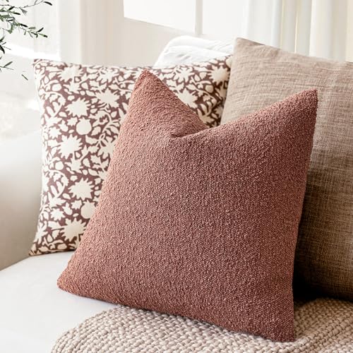 Image of Foindtower Set of 2, Decorative Textured Boucle Throw Pillow Covers Accent Solid Pillow Cases Neutral Cozy Couch Cushion Case for Chair Sofa Bedroom Living Room Home Decor 26x26 Inch Orange Rust Red