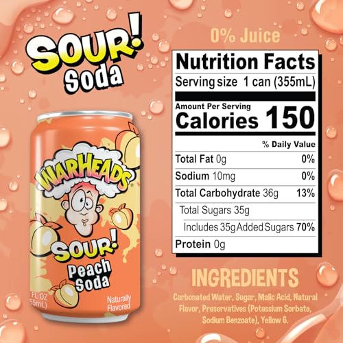 Sour Fruity Soda with Classic Warheads Flavors – Perfectly Balanced Sweet and Sour Soda - Warheads Candy Throwback Treat, Soda, Cocktail Mixer, Pack of 12, 12oz Cans (Peach)