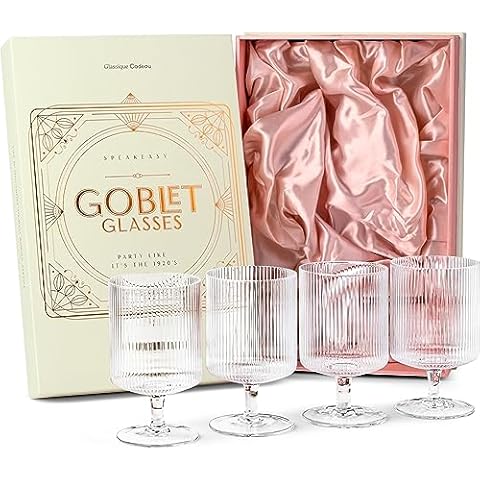 GLASSIQUE CADEAU Vintage Art Deco Ribbed Goblet Cocktail Glasses with Stem | Set of 4 | 10 oz Short Stemmed Crystal Tumblers for Drinking Classic Whiskey, Gin, Vodka Bar Drinks Cover
