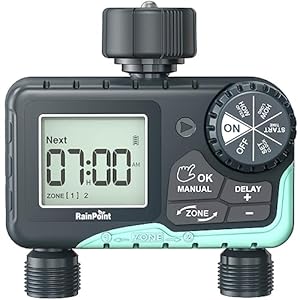 RAINPOINT Water Timer for Garden Hose 2 Zone Sprinkler Timer with Rain DelayManual WateringAutomatic Irrigation Controller System Water Hose Timer Programmable Faucet Timer for Yard Lawn