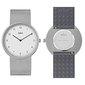 Braun 2-Hand Analogue Quartz Watch, White Dial and Stainless Steel Mesh Strap with Additional Grey Silicone Rubber Strap, Quick-Release Spring Bars, 38mm, Model BN0281WHMHGYG.
