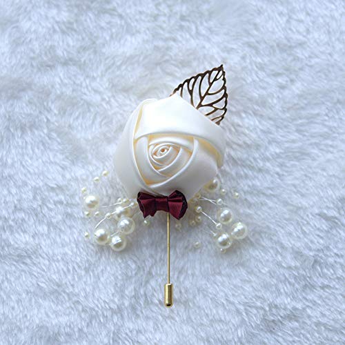 6PCS Alfiler de Boutonniere de Rosa de Tela con Perla - Accesorio de Solapa para Bodas,M