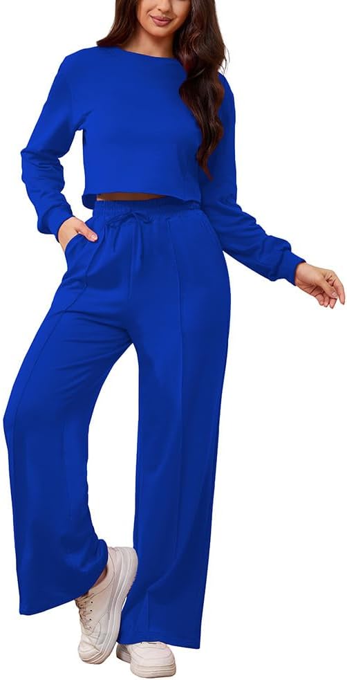 PINSV Women's 2 Piece Outfits Sweatsuit Set Long Sleeve Crop Top Drawstring Wide Leg Pants with Pockets Tracksuits Casual Set - Image 4