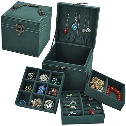 KriShyam®3-Layer Jewelry Storage Case, Velvet Cloth Jewelry Display Holder Storage Case with Removable Tray for Earrings Bracelets Rings Necklace Watches, Jewelry Box Organizer for Women Girls,(Green)