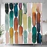 Modern Oval Shower Curtain, Watercolor Abstract Artistic Stripes Shower Curtains for Bathroom, Unique Pattern Olive Green Teal Yellow Brown Blue Decor Fabric Shower Curtain Sets 12 Hooks 72X72 IN