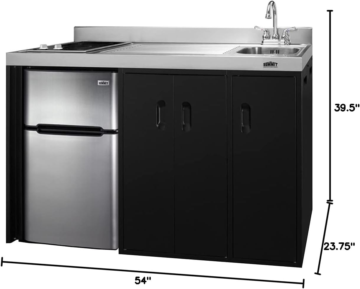 Summit Appliance CK54SINKR 54" Wide All-In-One Kitchenette, Stainless Steel Sink and Faucet, 2-door Refrigerator-freezer, 2-burner Smooth-top Cooktop, Indicator Lights, Storage Compartments