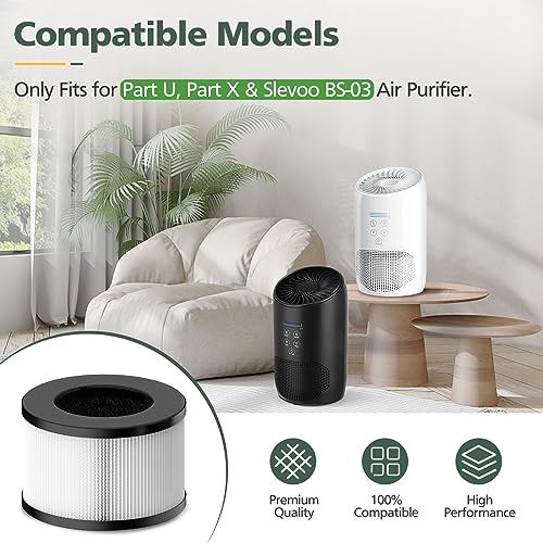 BS-03 True HEPA Replacement Filter for PARTU and Slevoo BS-03 HEPA Air Purifier Part U & Part X, 3-in-1 Filtration System, 2 Pack