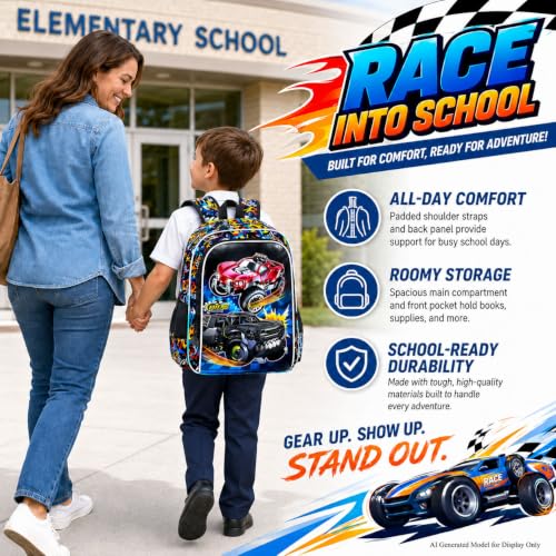 Image of HPJGD 3PCS Truck Backpack for Boys, Water Resistant Kids Bookbag Set with Lunch Box, Cool School Bag for Preschool Toddler - Teeth Truck