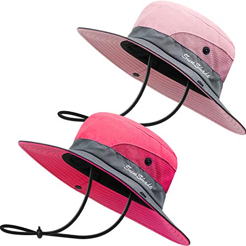 Geyoga 2 Paquets Chapeau de Soleil de Protection UV Chapeau Solaire à Maille à Large Bord Chapeau d'Été Pliable de Pêche Randonnée à la Plage en Plein Air (Rose et Rouge, 52-54 cm)