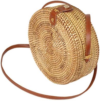 Handwoven Round Rattan Bag Shoulder Leather Straps Natural Chic Hand for Beach Travel and holiday
