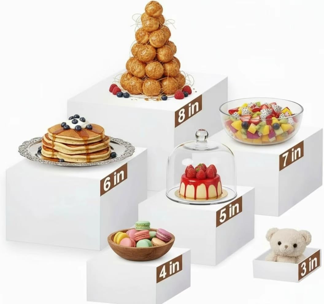 imuounl 6 Pcs Buffet Risers, plinth stand，6 Different Sizes (3in+4in+5in+6in+7in+8in) Stackable Acrylic Food Display Riser, White Reusable Dessert Table Display Set for Catering Dessert Jewelry
