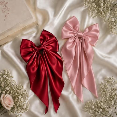 Image of 2 Pack Red & Pink Satin Hair Bow Clips for Women, Cute Hair Accessories for Girls, Hair Bow Clips for Women and Girls, Luxury Silky Satin, Hair Clip - Hair Bows for Women, Bow Hair Clips