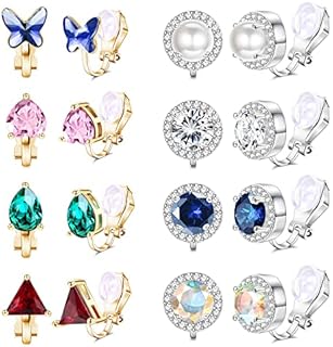 Finrezio 8Pairs Cubic Zirconia Clip On Stud Earrings For Women Multi-Color Birthstone Simulated Diamond Halo Non Pierced Earring Fake Earrings Set
