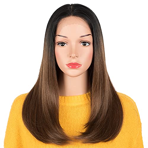 Straight 13x4 Lace Front Wigs Brown Lace Front Wigs Free Part Long Bob Synthetic Ombre Brown Wig Pre-plucked with Baby Hair Heat Resistant Synthetic Lace Front Wigs for Women 20 Inch
