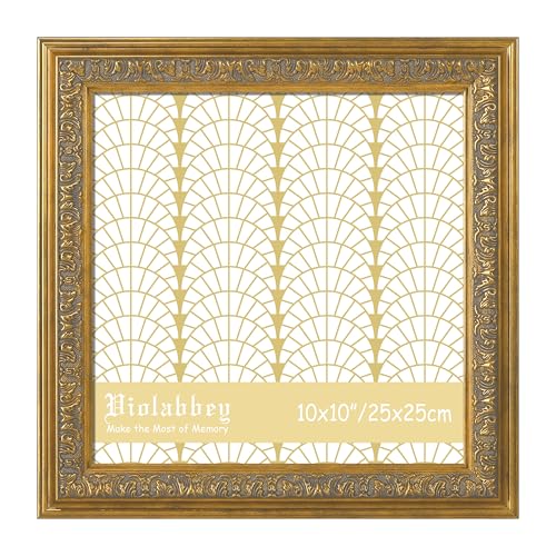 Image of VIOLABBEY 10x10 Frame Gold, Vintage Square Photo Frame Ornate without Mat | Antique Photo Frame, Wall Hanging or Tabletop Display, HD Plexiglass, Wall Decor