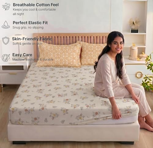 Image of BSB HOME 240 TC Cotton Feel Fitted Bedsheet for Double Bed, All-Round Elastic Deep Pocket, Soft Breathable Wrinkle Resistant & Skin Friendly Bed Sheet, Easy Care, 72 x 72 + 10 Inches - Muted Amber