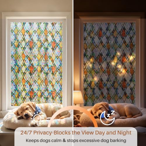 Image of Window Privacy Film, Stained Glass Static Cling Rainbow Stickers 29.5 inch x 78.7 inchDecorative Lattice Window Film Removable with Tools, UV Block Heat Control 3D Vinyl Covering Non-Adhesive for Home Door
