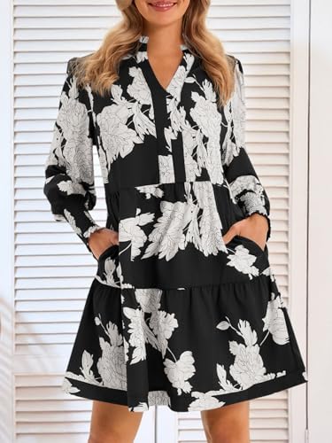 Image of Imily Bela Womens Fall Long Sleeve Tunic Dress Casual V Neck Tiered Dress | Loose,Swing,A-Line,Ruffled Collar,Puff Balloon Sleeve,Smocked Elastic Cuffs,Tiered Layered Ruffle Hem,Babydoll,Loose,Mini