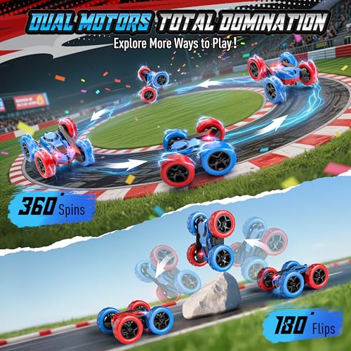 Image of Hamdol STEM Remote Control Car for Kids, 360 Spinning Double-Sided Coloured Design RC Stunt Car with LED Lights, USB-C Rechargeable Educational Toy for Boys Ages 6-12, Ideal Birthday