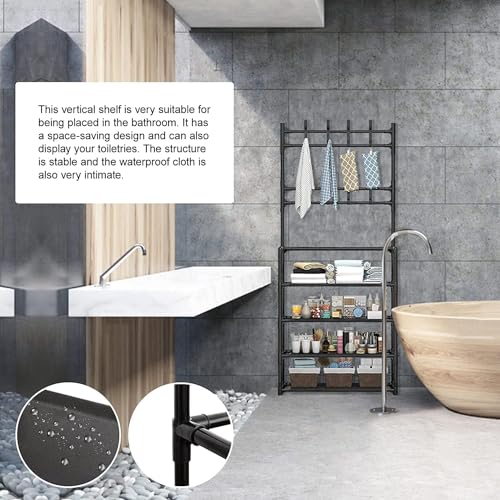 جزامة و رف أحذية مع ستاند الملابس و جاكيت ، معدنية و فاصل بلاستيك المقوى ، أرفف قماش مقاوم للماء و الاترب ، مطلية كروم أسود ضد الماء ، الحجم الكبير خمس دور (عرض 80 * ارتفاع 172 * عمق 30 سم)