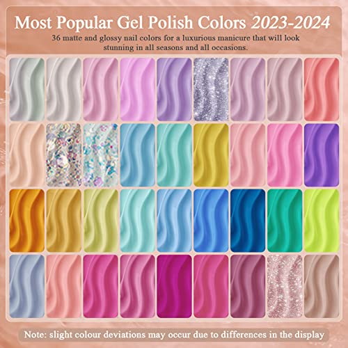 Cooserry Uv Gel Nail Polish With 48W Nail Light - 36 Colors Unicorn Collection Pastel Gel Polish Set Silver Yellow Soak Off With Glossy Top Coat And Matte Base Coat, Gel Nail Polish Kit French Sticker Accessory Gifts For Mother's Day Women #TOP2