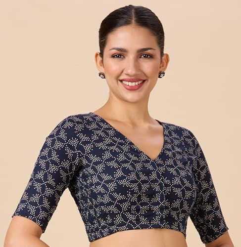 Image of Studio Shringaar Women Cotton Half Sleeve Printed Stretchable(Smocked)Readymade Saree Blouse