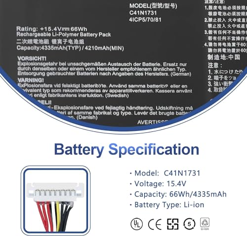 Image of WeFly C41N1731 Laptop Battery Replacement for Asus ROG Strix Scar II GL504 GL504GW GL504GS GL504GM GL504GV G515 G515GV G515GW G715GV G715GW GL504GW-DS74 Series C41PNC5 4CIP5 /70 /81 15.4V 66Wh