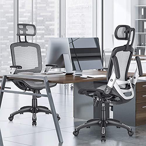 Image of GABRYLLY Ergonomic Office Chair, High Back Home Desk Chair with Headrest, Flip-Up Arms, 90-120 Tilt Lock and Wide Cushion, Big and Tall Mesh Chairs for Man Woman, Grey Task Chair