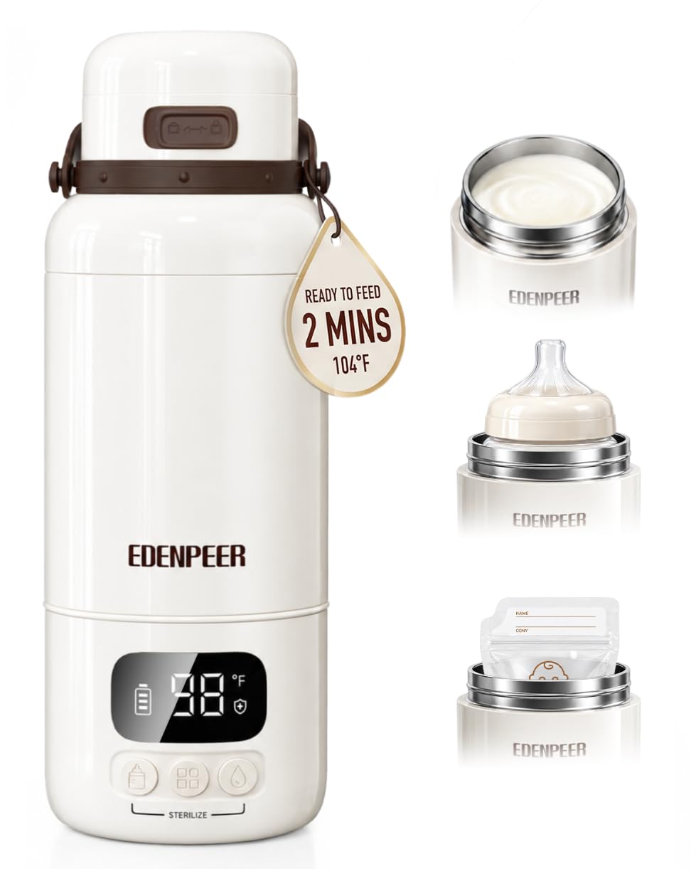 EDENPEER Calentador de botellas portátil, doble modo AC/DC Calentador de botellas de viaje para leche materna, fórmula y agua, calentamiento rápido de 120 W, calentador de leche portátil de 17 onzas