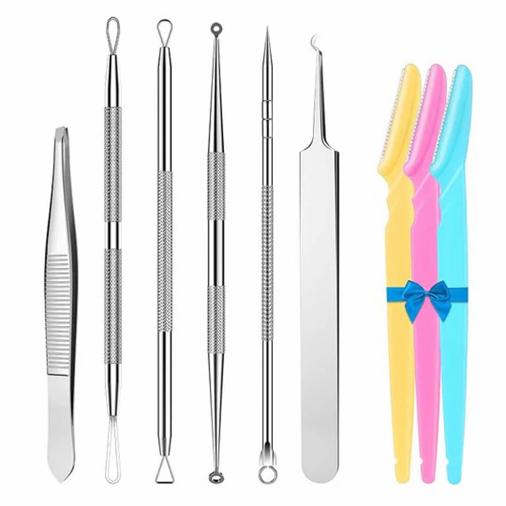 Multi-Functional Blackhead Remover Tool Kit - Stainless Steel Pimple Popper Set with Diagonal Tweezers &amp; Eyebrow Trimmers for Facial Blemish Care