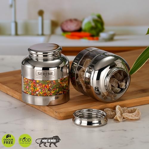Image of Serene Stainless Steel Exotic See-Through Jar | Airtight Jars for Kitchen Storage | Premium Steel Jars with One Turn Lock Lid | Transparent Stainless Steel Containers | 400ML | 2 PC