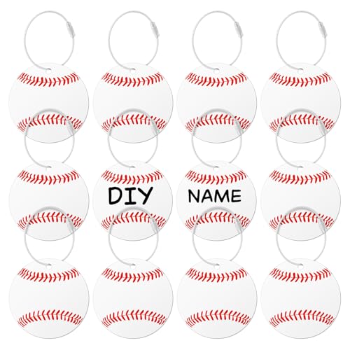 12 Pcs Baseball Luggage Tags for Suitcases Travel Suitcase Labels with Metal Ring 2.75in Baseball Keychain PVC Name Id and DIY Pocket Hug Card Backpack Charms for Men Women Travel Bag Suitcase