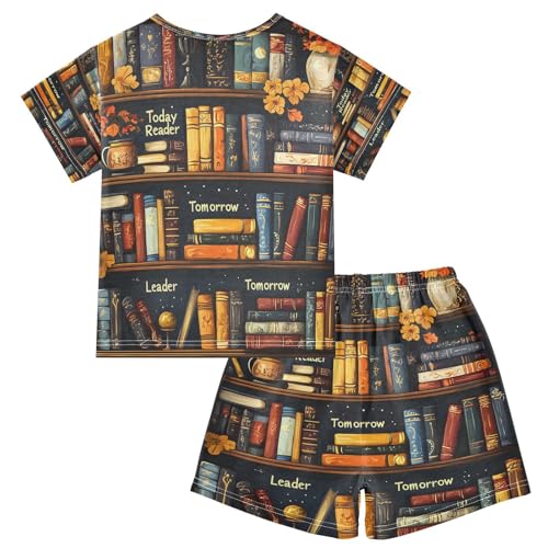 ALAZA Watercolor Bookworm Bookshelf Quotes Artwork Pajamas Set Short Sleeve Cotton Sleepwear Summer Pjs 2 Piece 5-14Y2