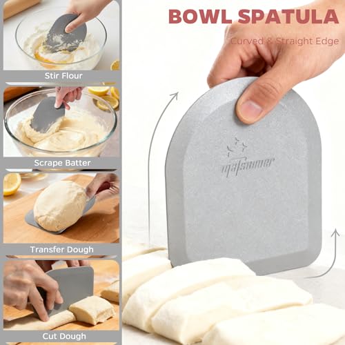 Bowl Scraper Dough Scraper Tool - Set of 2 Silicone Bench Scraper for Baking, Kitchen Pastry Scraper for Bread, Cake, Batter, cheese, Cream, Honey, Jam, Food Scraper with Curved Edge, Red & Grey