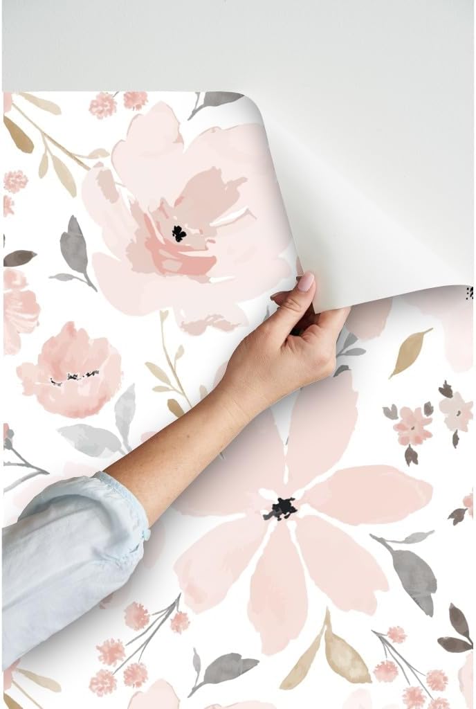 Peel & Stick Wallpaper 6ft x 2ft - Pink Blush Floral Large Bloom Farmhouse Custom Removable Wallpaper by Spoonflower