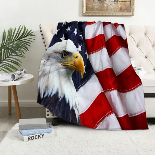 MAAPCHP Grande Couverture Polaire en Flanelle Ultra Douce et Chaude Drapeau américain USA Bald Eagle Stars and Stripes Drapeau Hippie pour Chambre à...