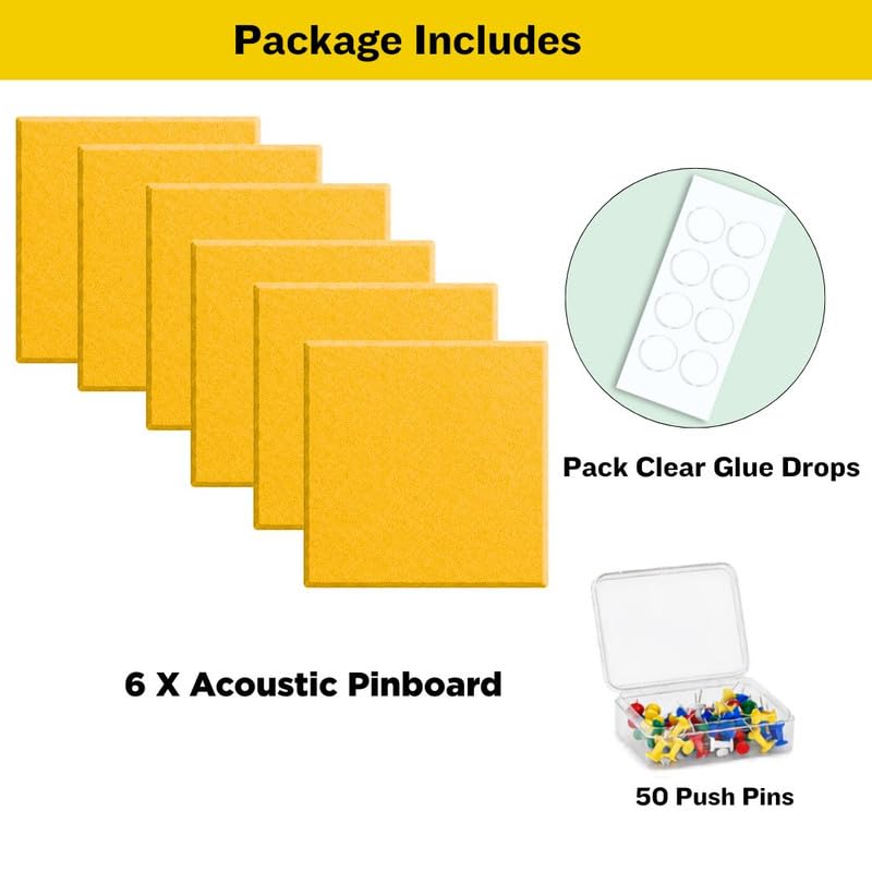 Image of QUIET CANVAS Acoustic Wall Square Pinboard, 1x1ft, Pack6, 50PushPins Yellow