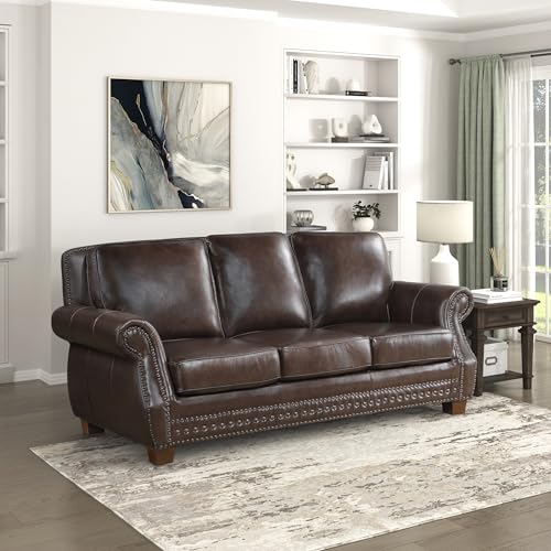 Lexicon 86" W Sofa, Top Grain Leather Match Comfy Sofa with Nailhead Trim, Rolled Arms, Solid Wood Legs, 3 Seater Couch for Living Room/Apartment/Office, Easy Assembly, Brown