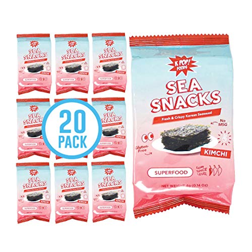 KPOP Foods Kimchi Sea Snacks - Premium Kimchi Flavored Seaweed Snacks. 20 Individual Snack Packs. Made with Korean Seaweed. Vegan, Keto, Low Calorie, Superfood.