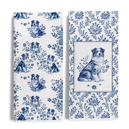 Image of Chinoiserie Australian Shepherd Kitchen & Hand Towels Set of 2, Blue and White Floral Dog Dish & Tea Towels for Kitchen Bathroom Decor, Vintage Toile Dog Lover Gifts for Women 16x24 Inch