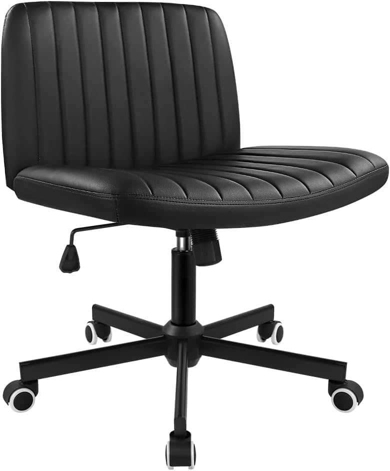 Black PU Stool Chair with Wheels Height Adjustable Swivel Vanity Chair for Home Office Desk Chair with Wide Seat