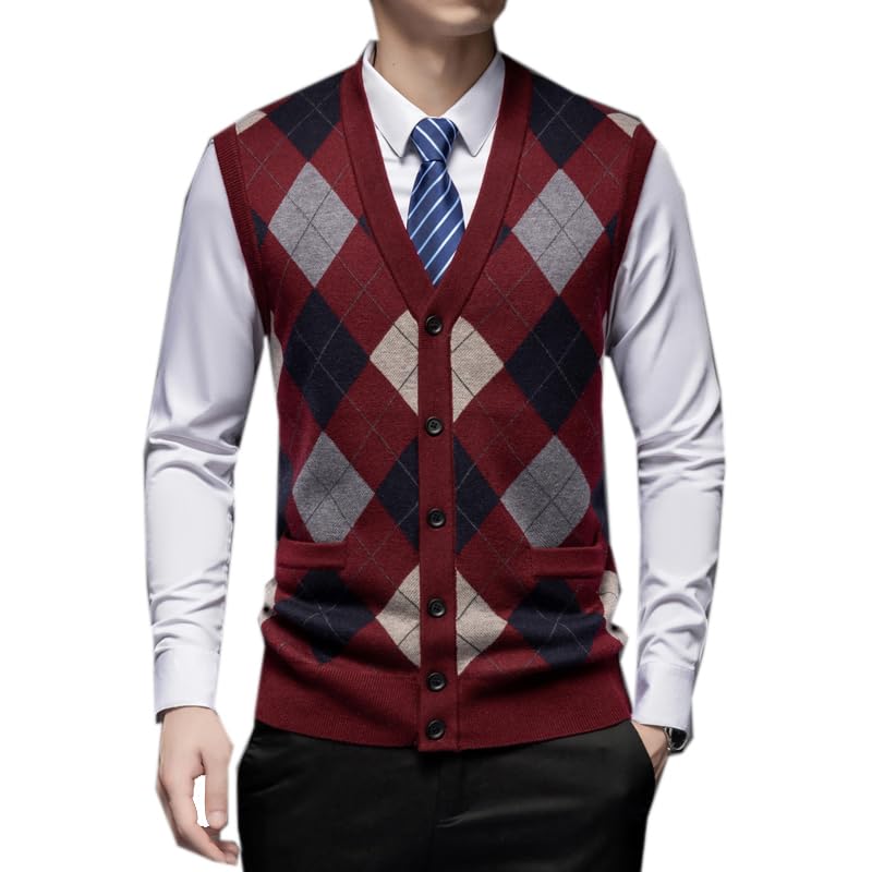 Men Argyle Knit Vest Sleeveless Sweater Cardigan 6.5% Wool Warm Basic Autumn Winter Retro Vintage2