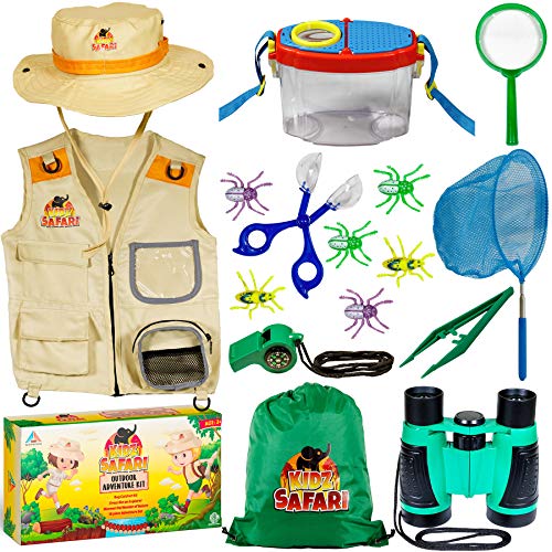 OzBSP Kids Outdoor Adventure Kit. Kids Explorer Kit. Nature Exploration Toy for Boys Girls. Bug Catching Pack. Safari Vest & Hat Costume, Binoculars, Tweezers, Magnifying Glass, Butterfly Net, Compass