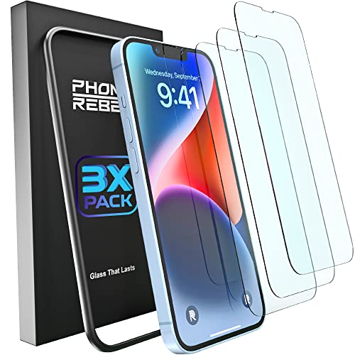 REBEL Phone Screen Protector for iPhone 14/13 Pro [6.1 Inch] 3-Pack Ultra Tough 0.4mm, Anti-Shatter, 9H Tempered Glass, Easy Install Tool, Case Friendly