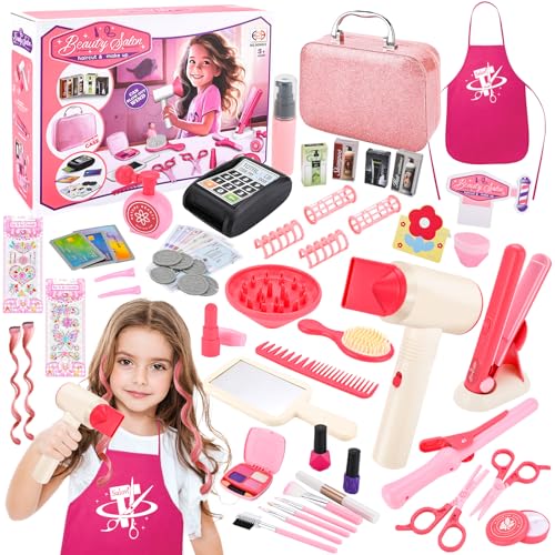 Set Completo Fashion Beauty:Questo set di accessori fashion beauty offre un ricco assortimento per il gioco creativo: phon con 2 beccucci, arricciacapelli, piastra, pettini, forbici, specchio, mollette, adesivi strass, denaro finto, lettore di carte, trucco finto e accessori per capelli. Inclusi anche due ciocche da 55 cm, una pratica schürze e una borsa beauty scintillante. Ideale come set parrucchiera per bambina e set parrucchiera e trucchi