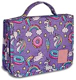 Eudora Cute Rainbow Unicorn Cartoon Toiletry Bag for Girls and Kids, Waterproof Bathroom Bag for Weekend with Many Rooms Pockets and Portable 360 Degree Hanging Hook