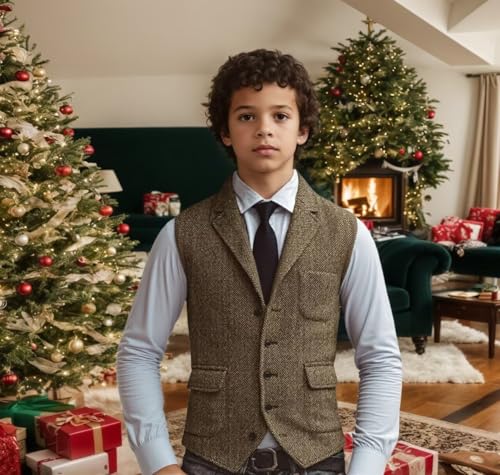 Boys Lapel Suit Vest for Kids Herringbone Tweed V-neck Waistcoat Youth Boy Homecoming Formal Sleeveless Jacket4