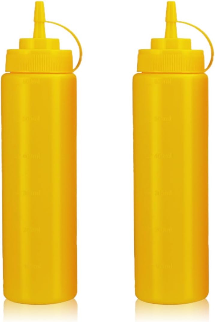 Squeeze Bottles for Sauces,Leak-Proof Condiment Dispenser, BPA-Free Kitchen Restaurant Squeeze Bottle Set with Wide Mouth for Ketchup, Mustard,Syrup,Dressings (Yellow, 2Pack-24oz(600ml))