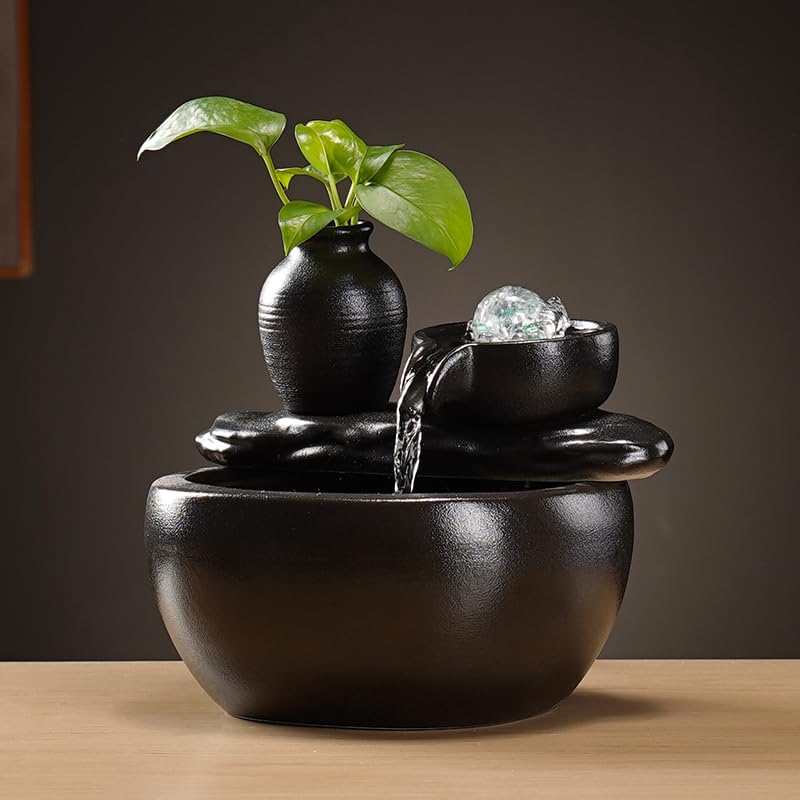 Fontaine à eau en céramique avec humidificateur, décorations d'aquarium pour la maison, le bureau, le salon, la décoration de bureau, petite fontaines cascade pour intérieur (sans humidificateur, noir