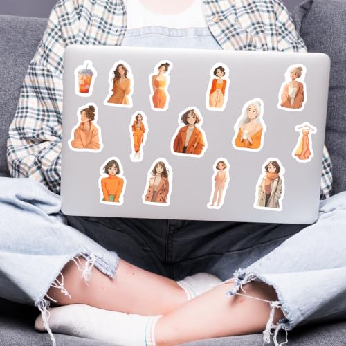 Image of Orange Aesthetic Kawaii Girl Vinyl Stickers Pack of 35 | Waterproof Peach & Warm Tone Cute Fashion Decals for Laptop, Water Bottle, Journal, Scrapbook, Phone Case | Self-Adhesive Sticker Pack